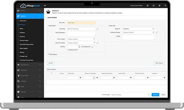 Laptop - Wasp Asset Check-in Screen